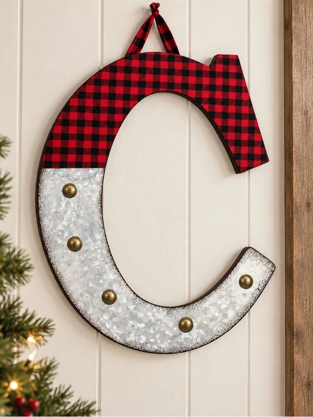 New - Glitzhome Christmas Letter “C” Wall Decor Buffalo Plaid NIB 18”